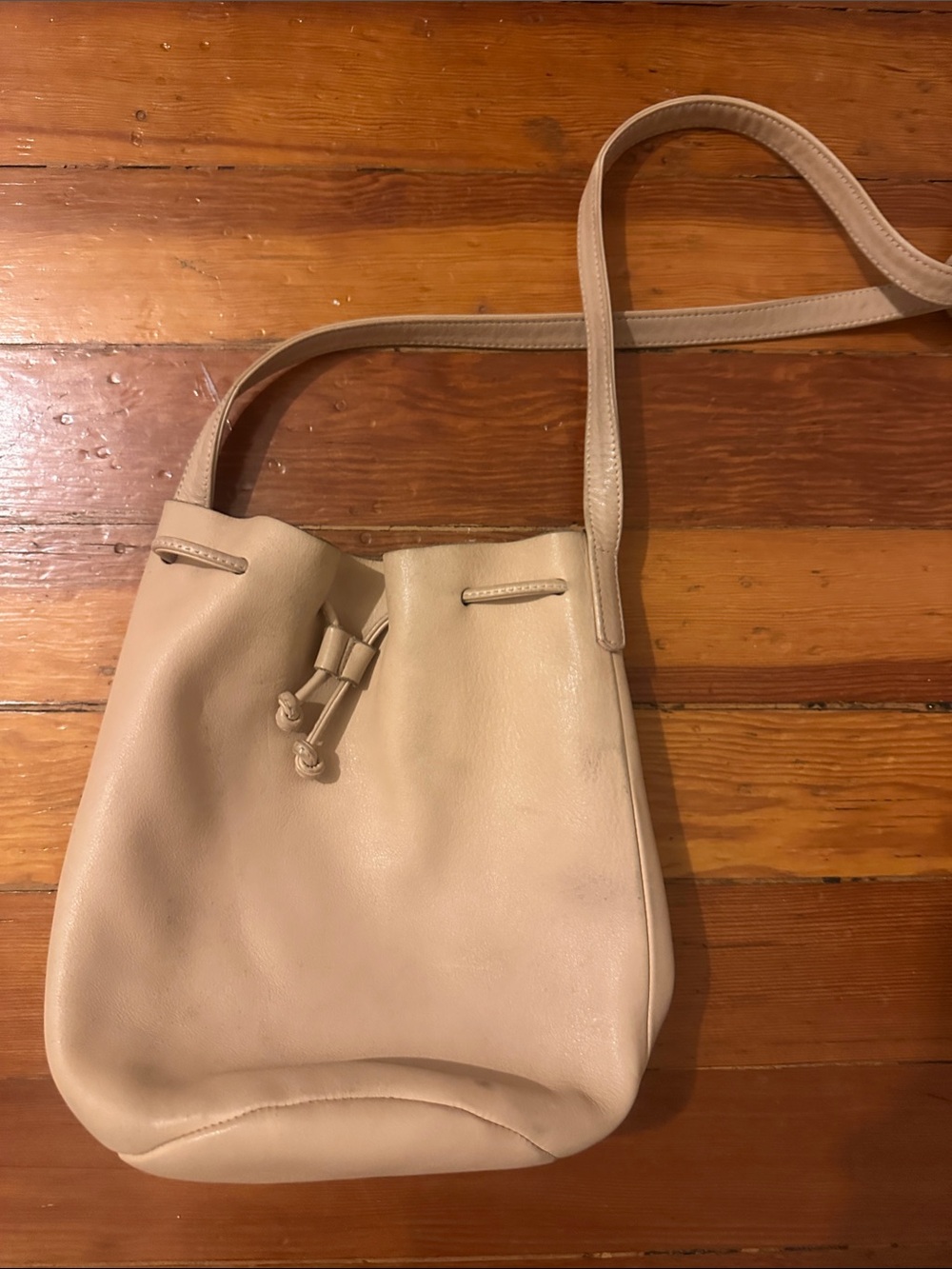 Leather Drawstring Bucket Bag in light pink